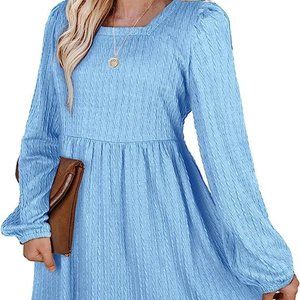 WEESO Women Blue Knit Square Neck Long Sleeve Knee Length Babydoll Dress Medium